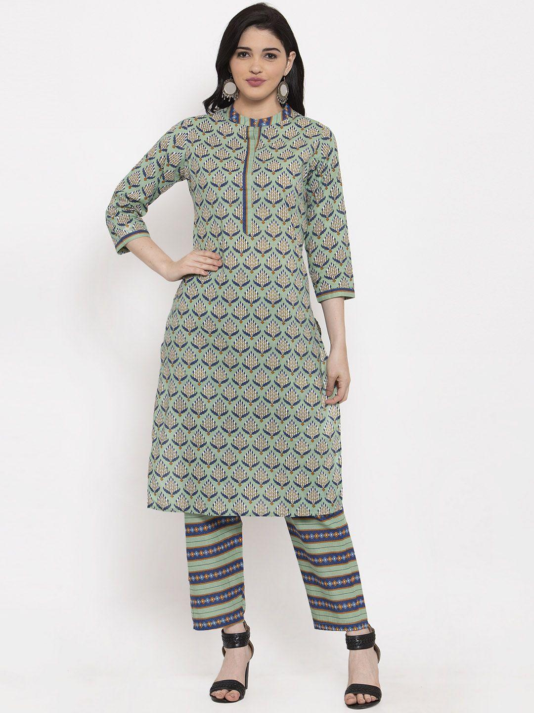 anaisa women green & blue printed kurta with palazzos