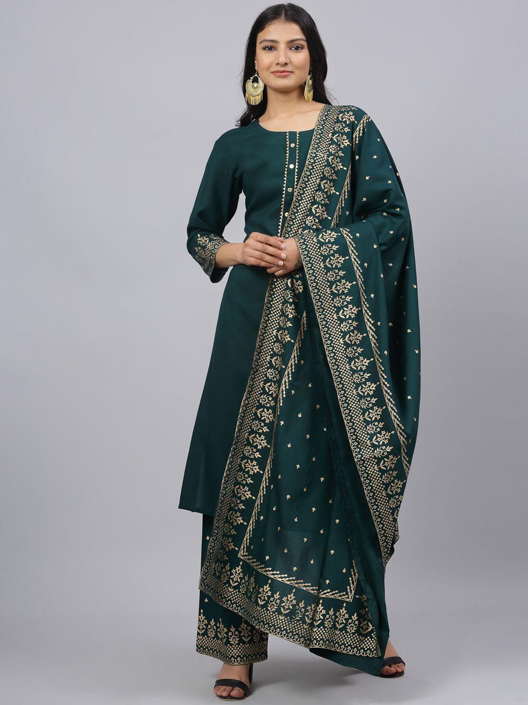 anaisa women green & gold-toned yoke design kurta with palazzos & dupatta