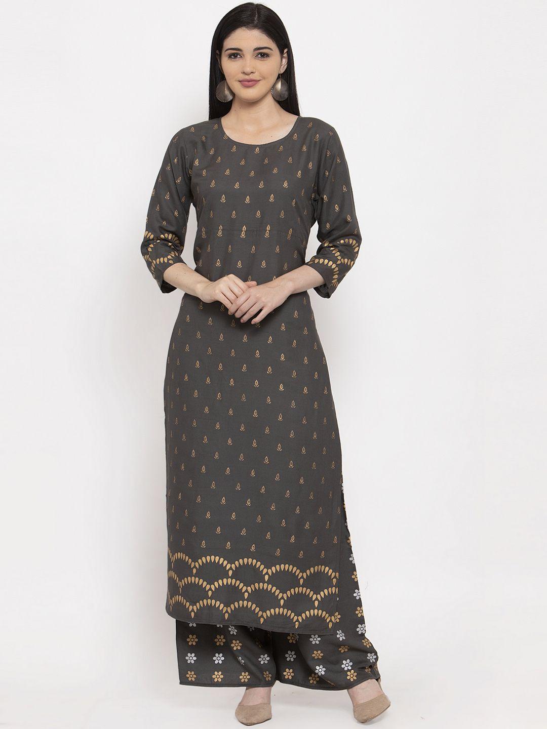 anaisa women grey & gold-toned printed kurta with palazzos