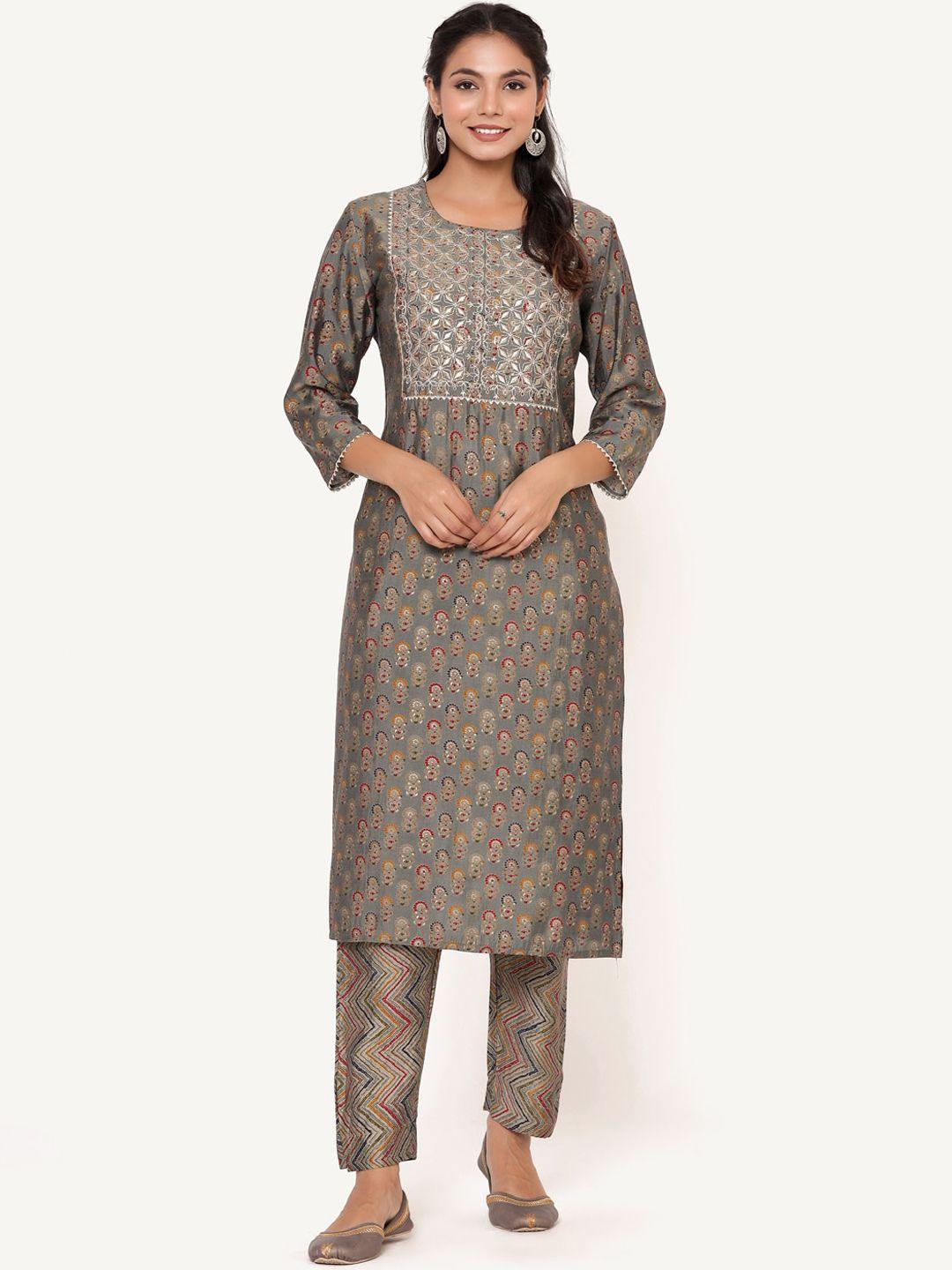 anaisa women grey & red floral printed embroidered chanderi silk kurta with trousers