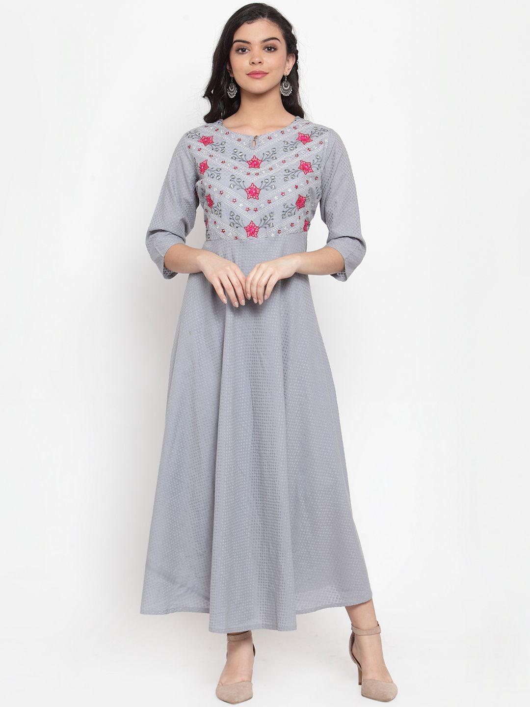 anaisa women grey melange embroidered maxi dress