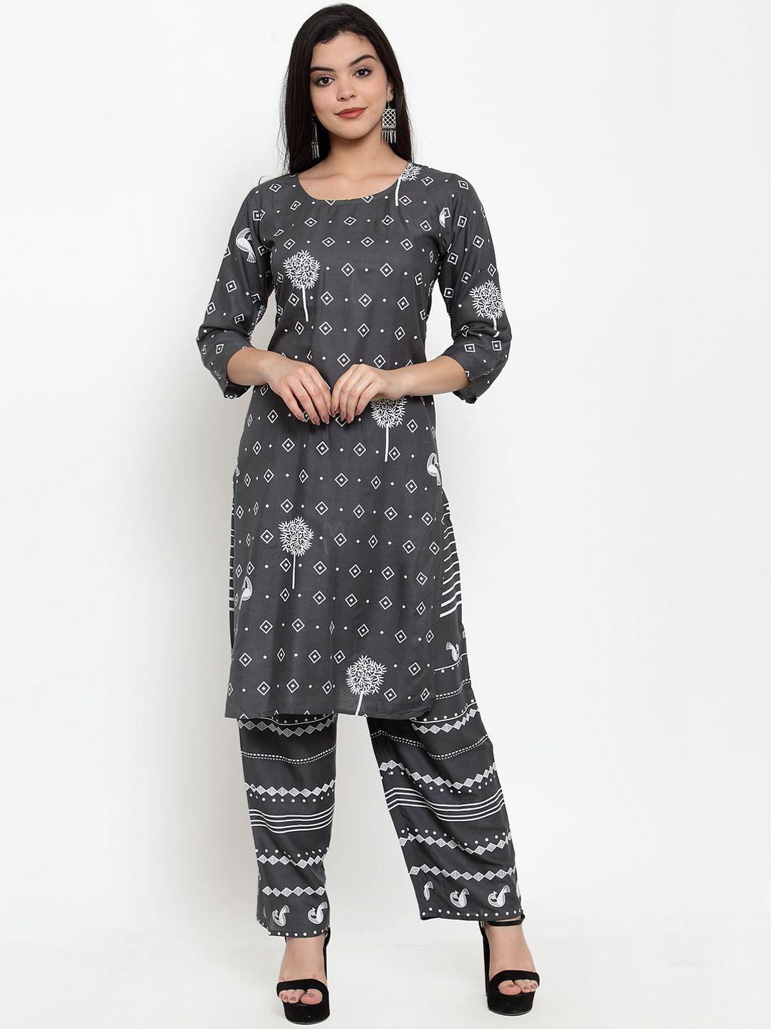 anaisa women grey printed kurta with palazzos