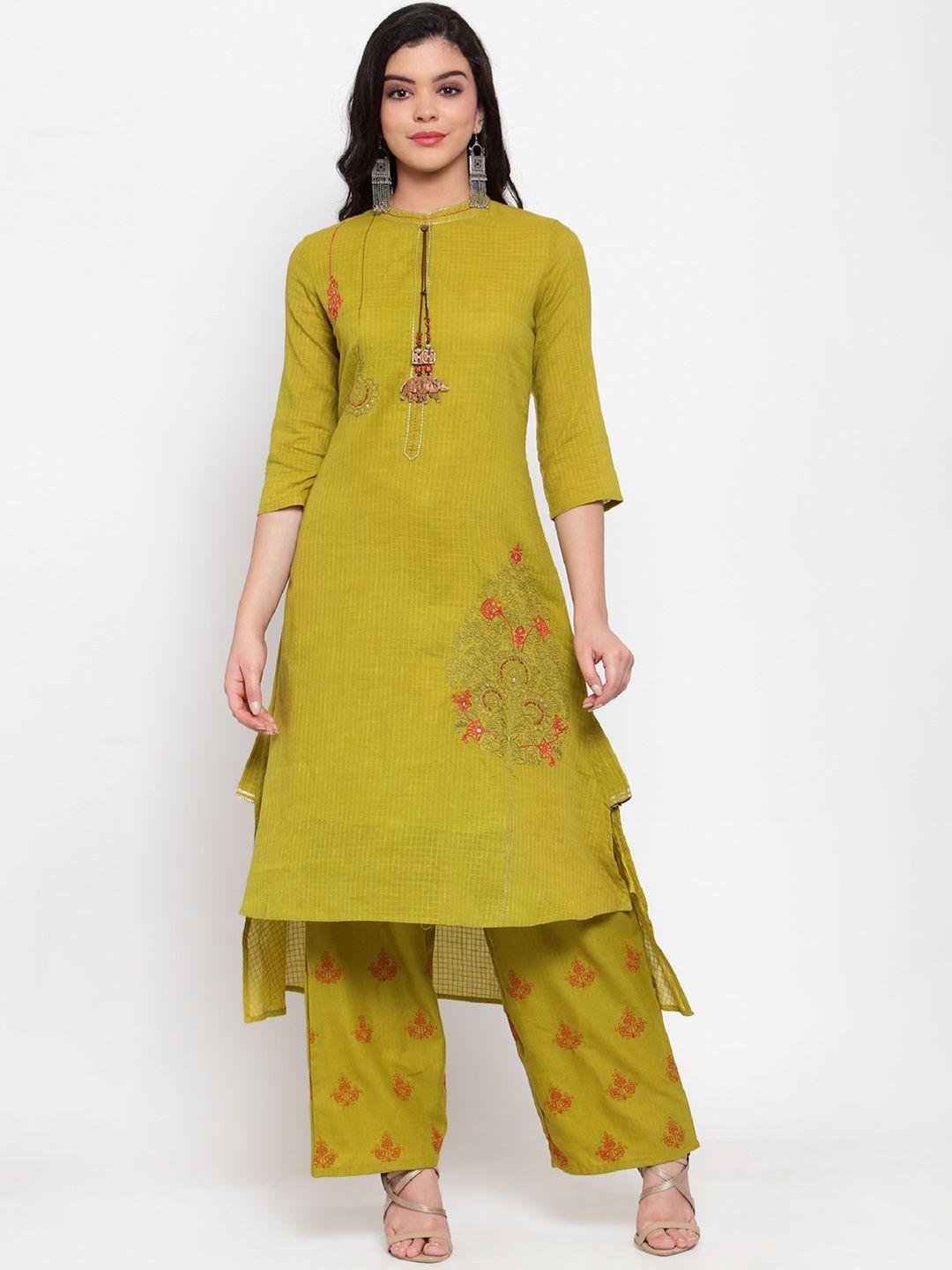 anaisa women lime green embroidered kurta with trousers