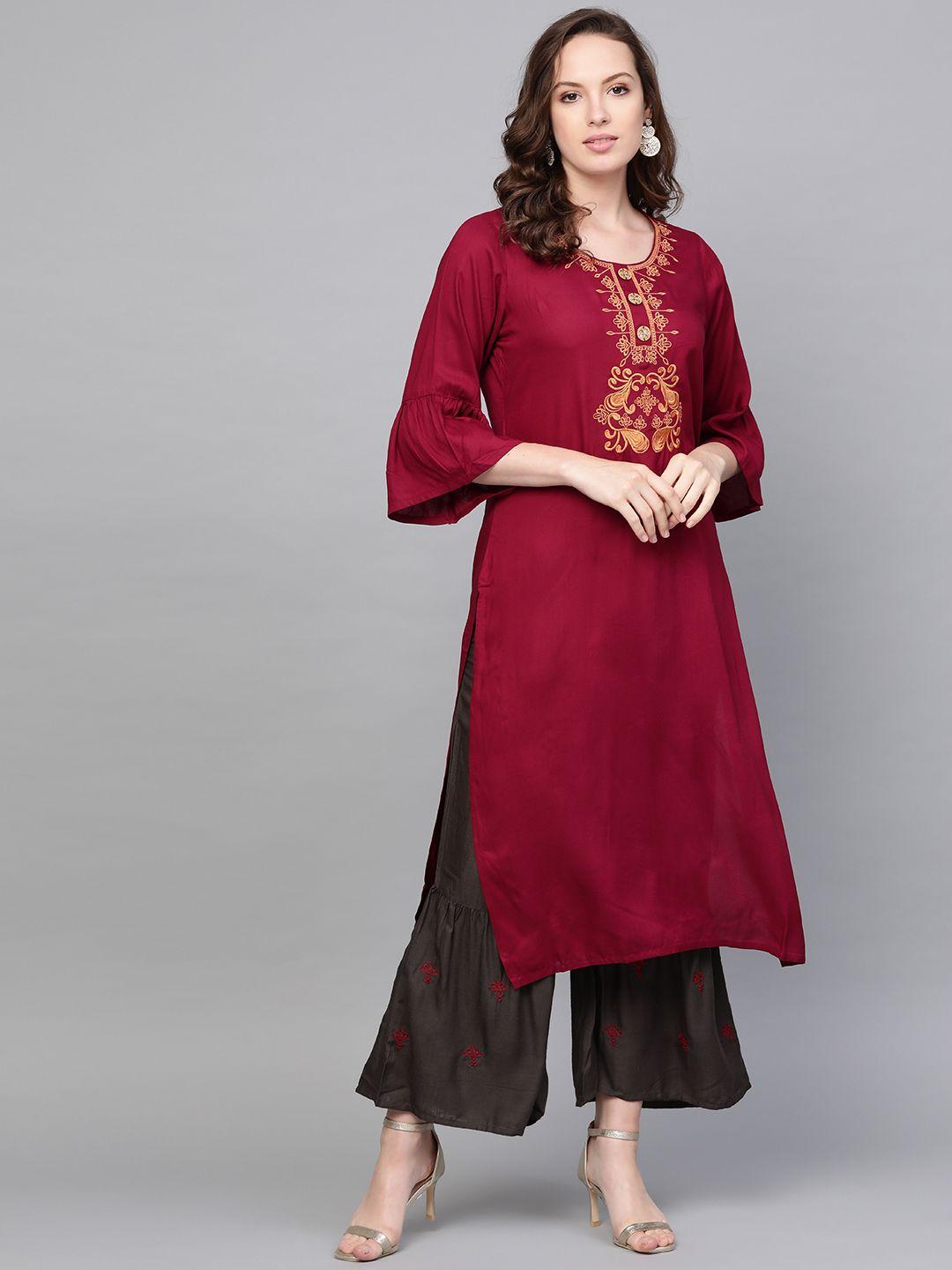 anaisa women maroon & charcoal grey yoke design kurta with palazzos