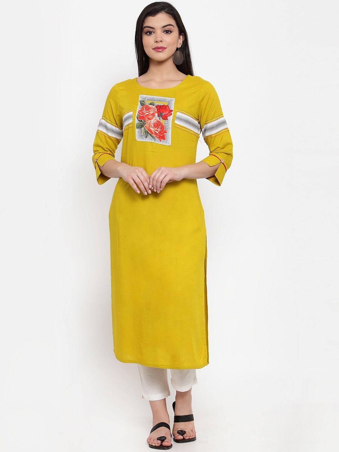 anaisa women mustard yellow & red floral printed straight kurta