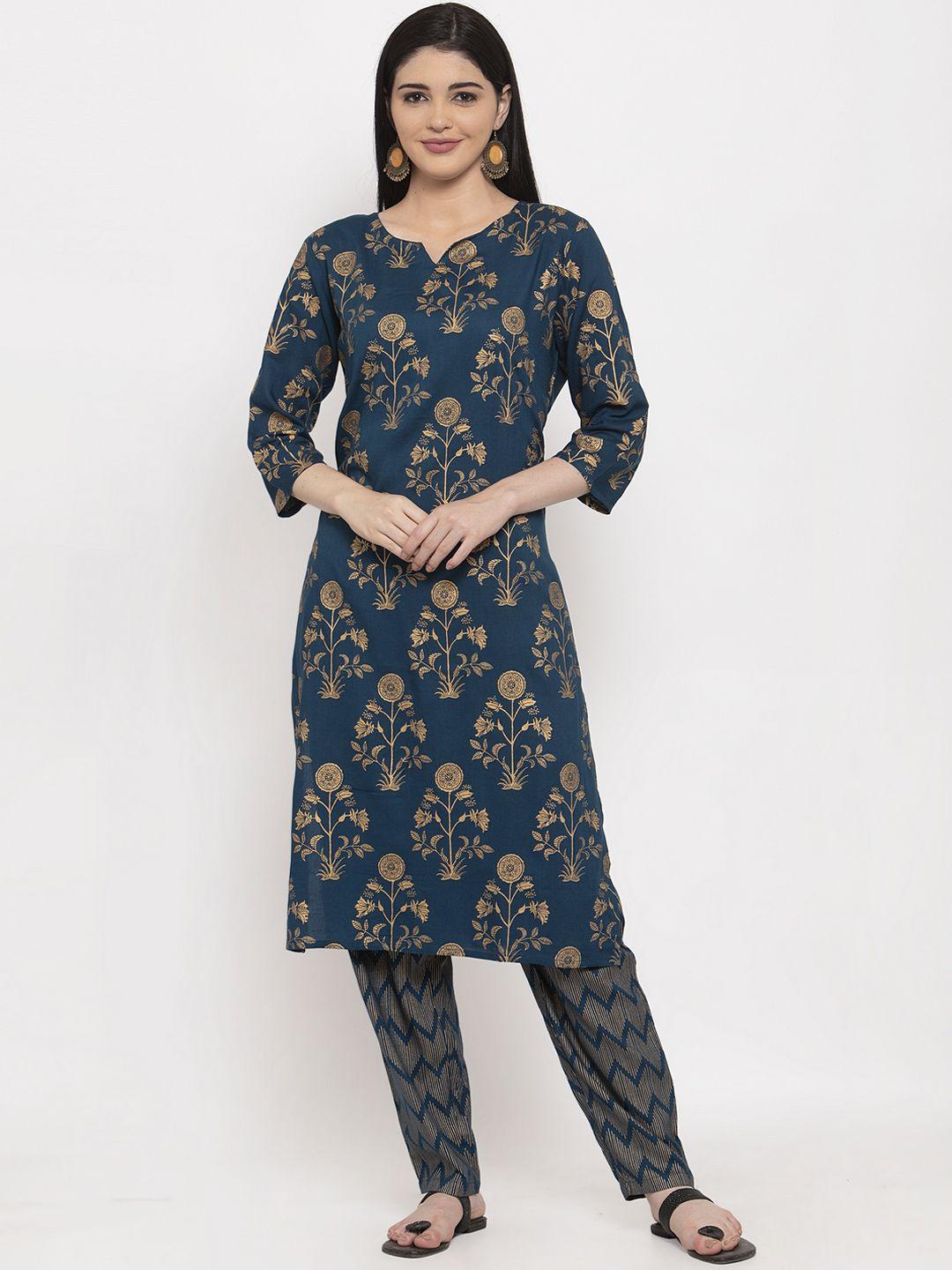 anaisa women navy blue & gold-toned printed kurta with trousers