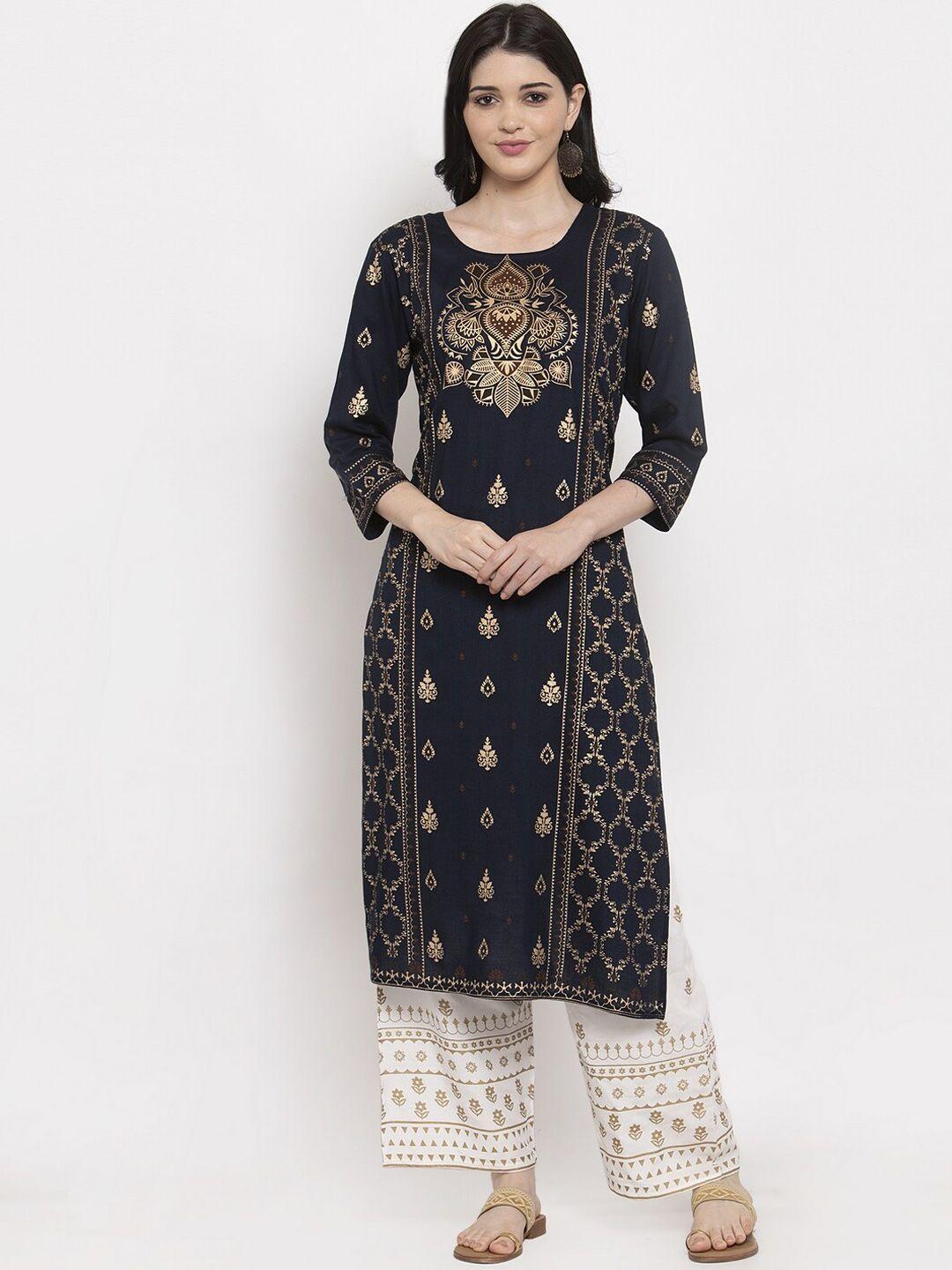 anaisa women navy blue printed straight kurta