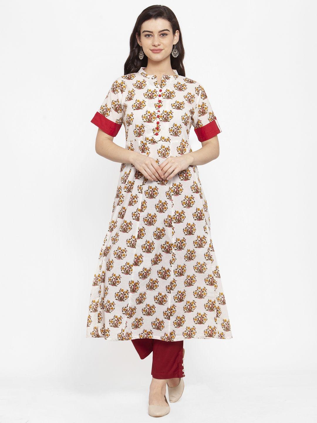 anaisa women off-white & red floral printed a-line kurta