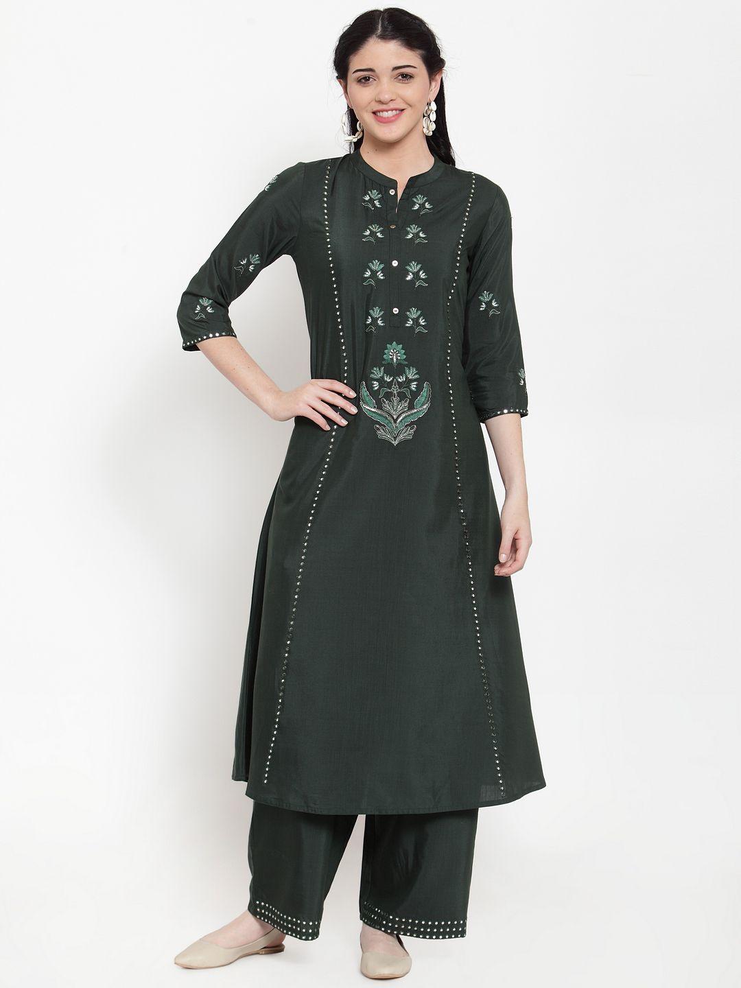 anaisa women olive green embroidered kurta with trousers