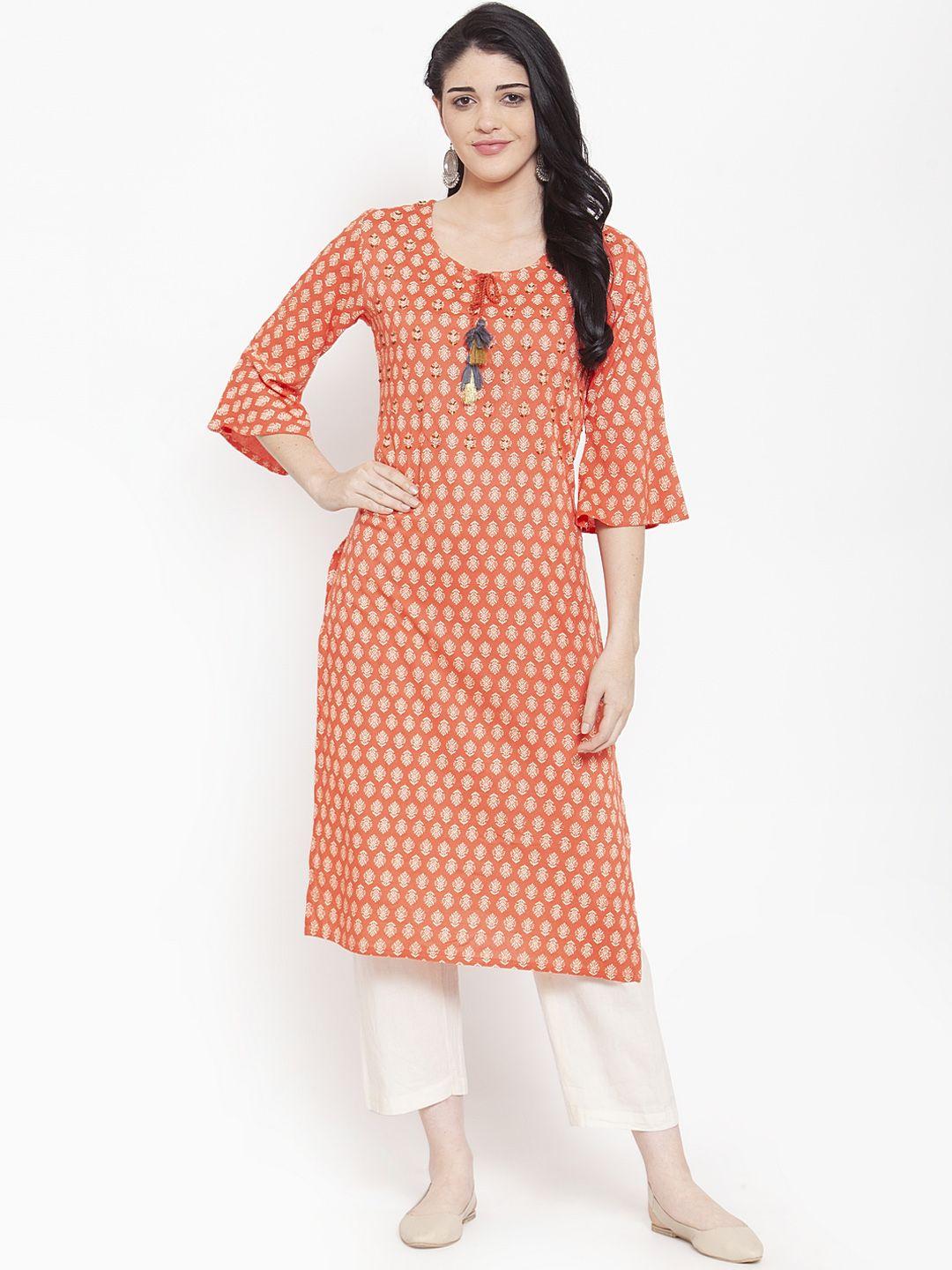 anaisa women orange & beige printed straight kurta