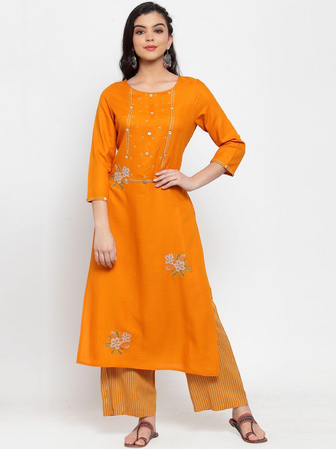 anaisa women orange rayon embroidery kurta with palazzos