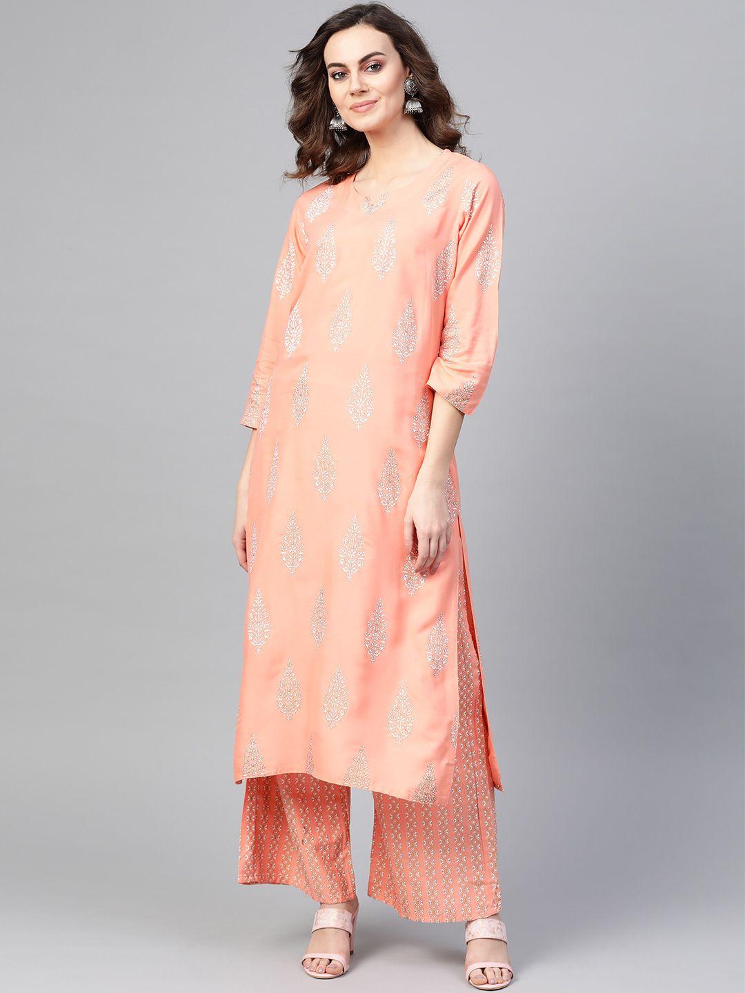 anaisa women peach-coloured & white printed kurta with palazzos