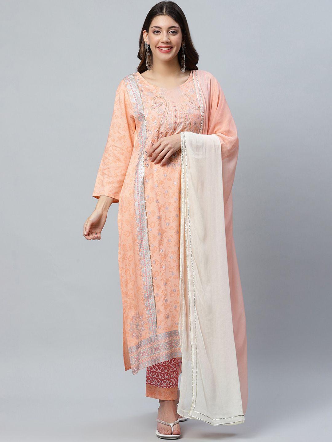 anaisa women peach-coloured ethnic motifs embroidered sequinned kurta with trousers & with dupatta