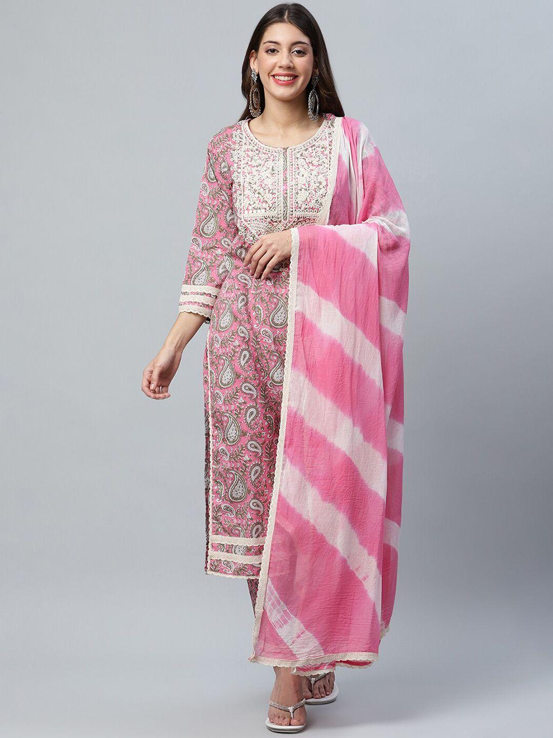 anaisa women pink & olive green paisley printed pure cotton kurta with trousers & dupatta