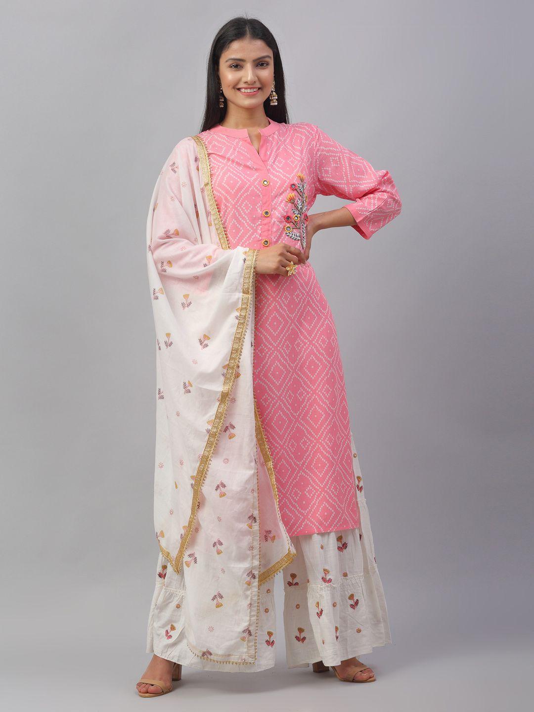 anaisa women pink & white printed kurta with palazzos & dupatta