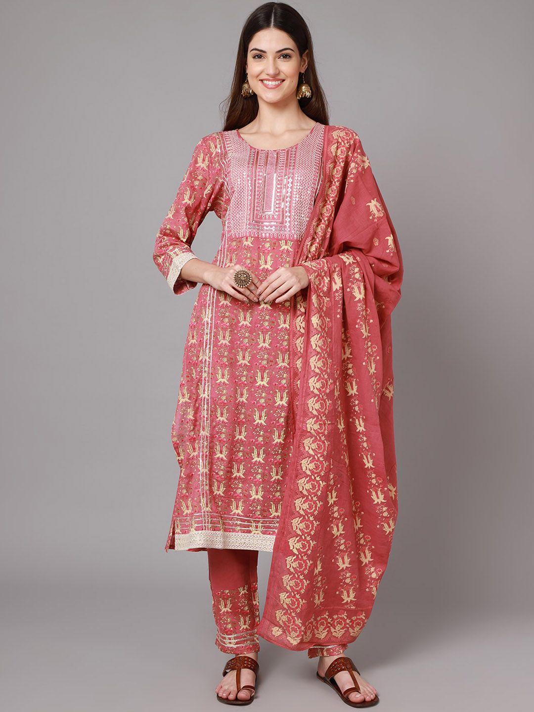 anaisa women pink ethnic motifs printed empire sequinned chanderi silk kurta with trousers & with dupatta