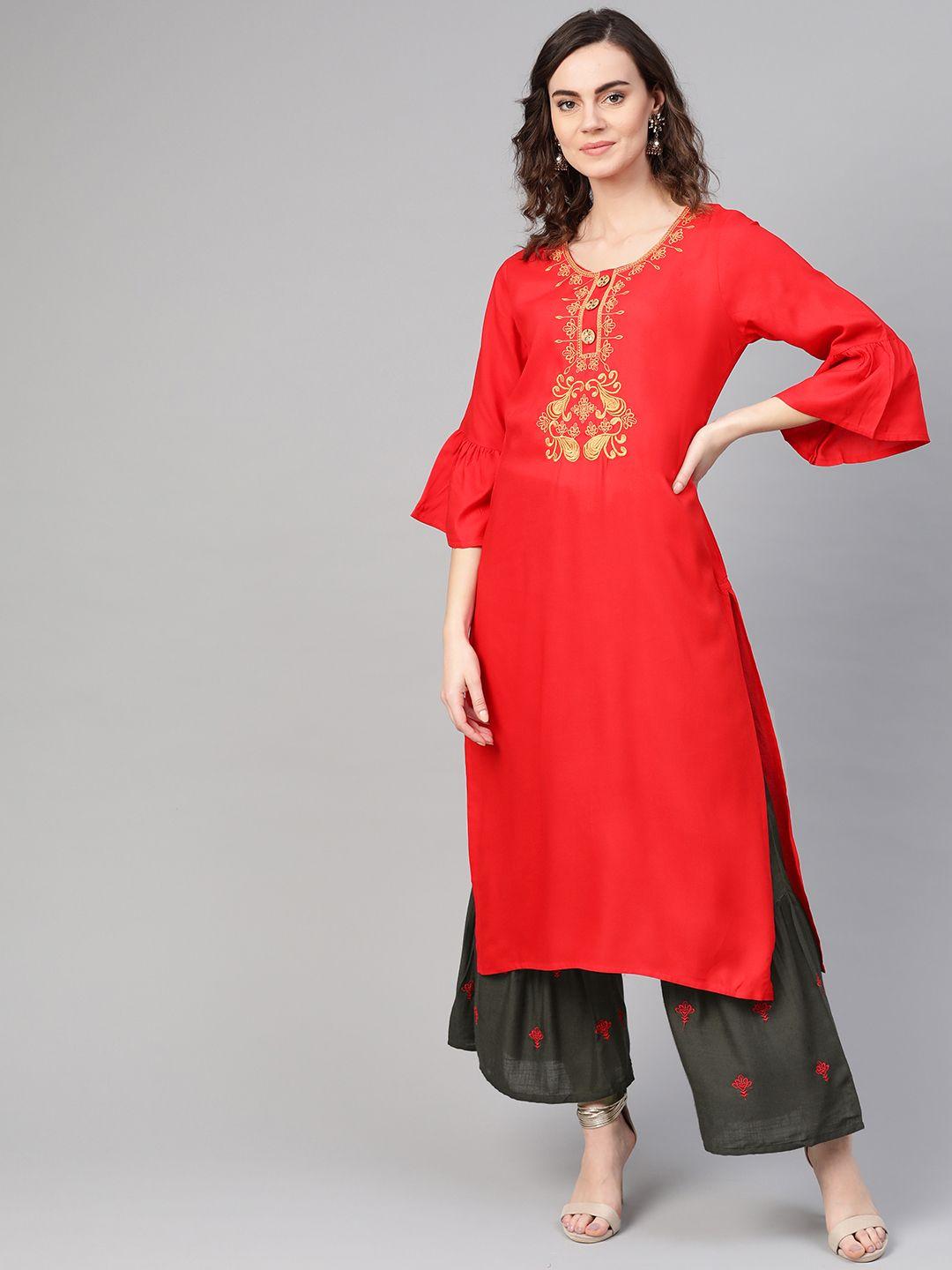 anaisa women red & charcoal grey yoke design kurta with sharara