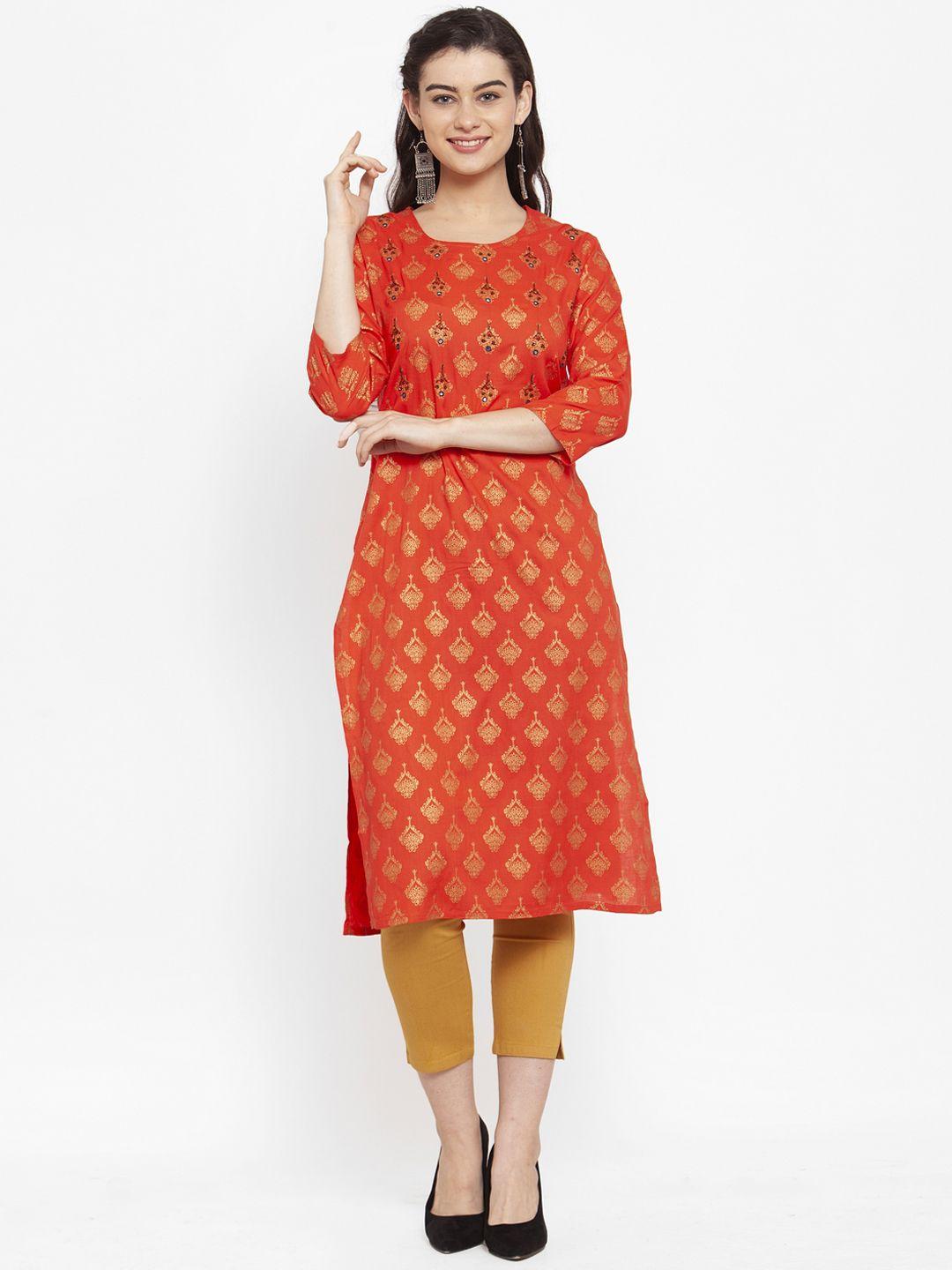 anaisa women red & gold-toned foil print straight kurta