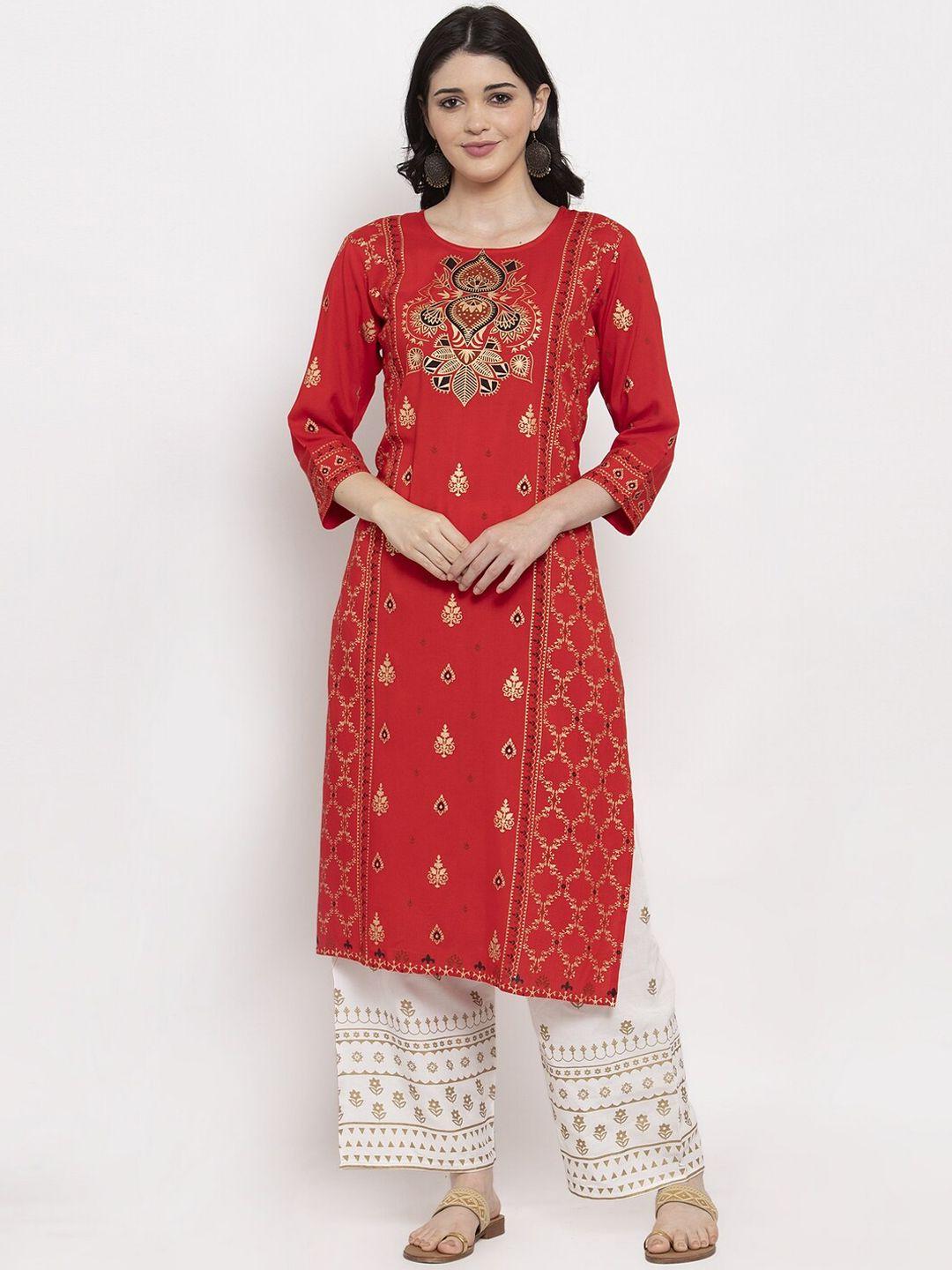 anaisa women red & gold-toned printed a-line kurta