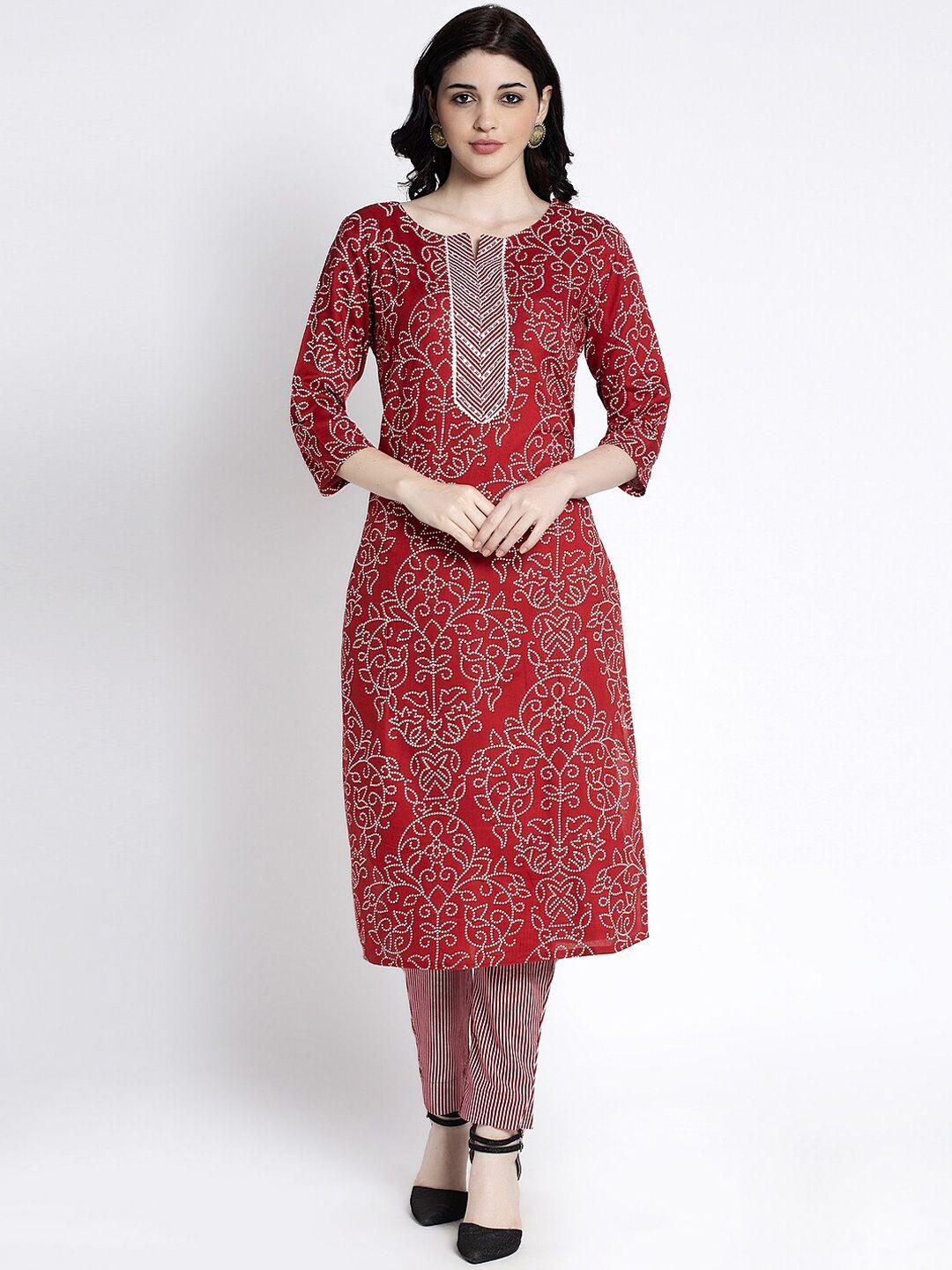 anaisa women red & off-white printed kurti with trousers