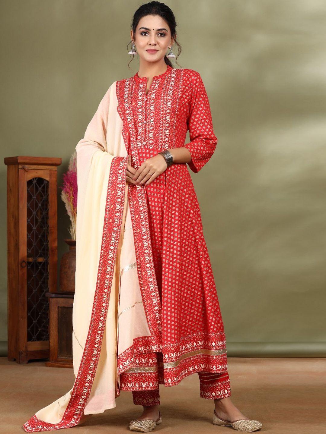 anaisa women red ethnic motifs mirror embroidered kurta with trouser & with dupatta