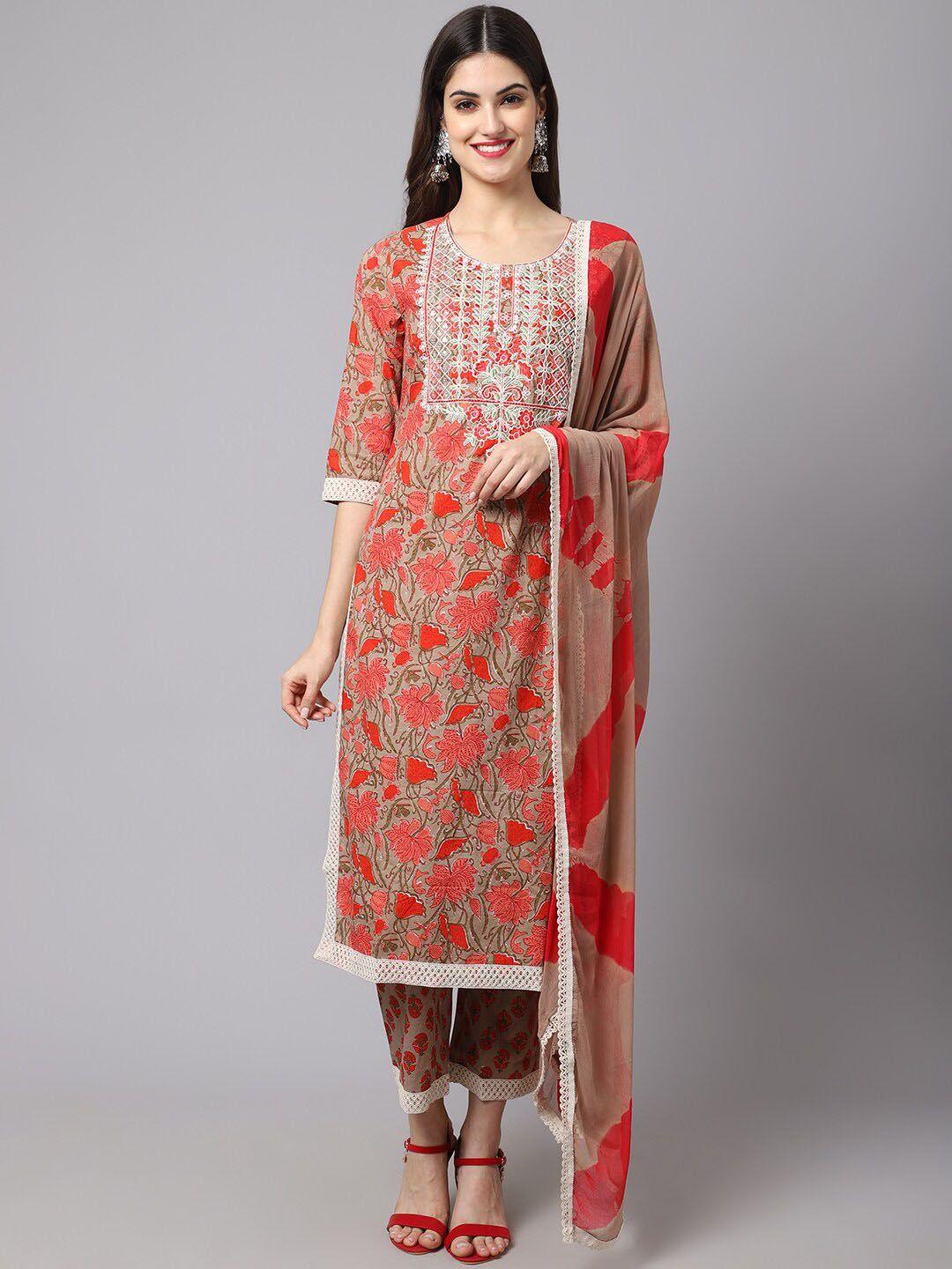 anaisa women red floral yoke design thread work pure cotton kurta with trousers & with dupatta