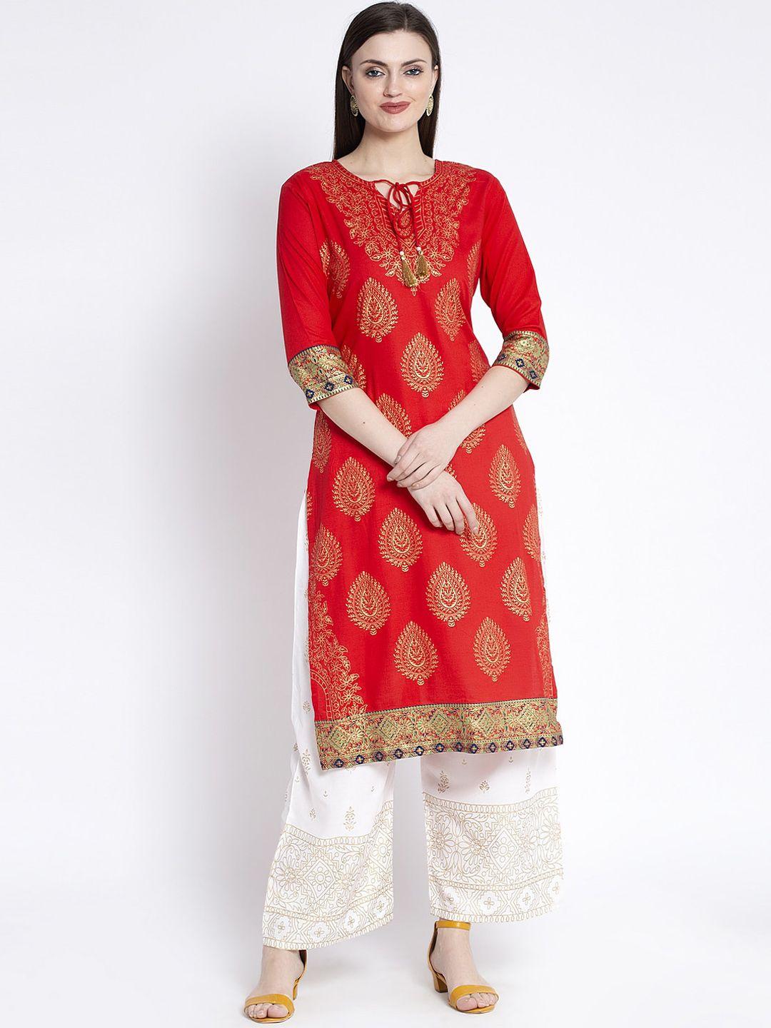 anaisa women red woven design straight kurta