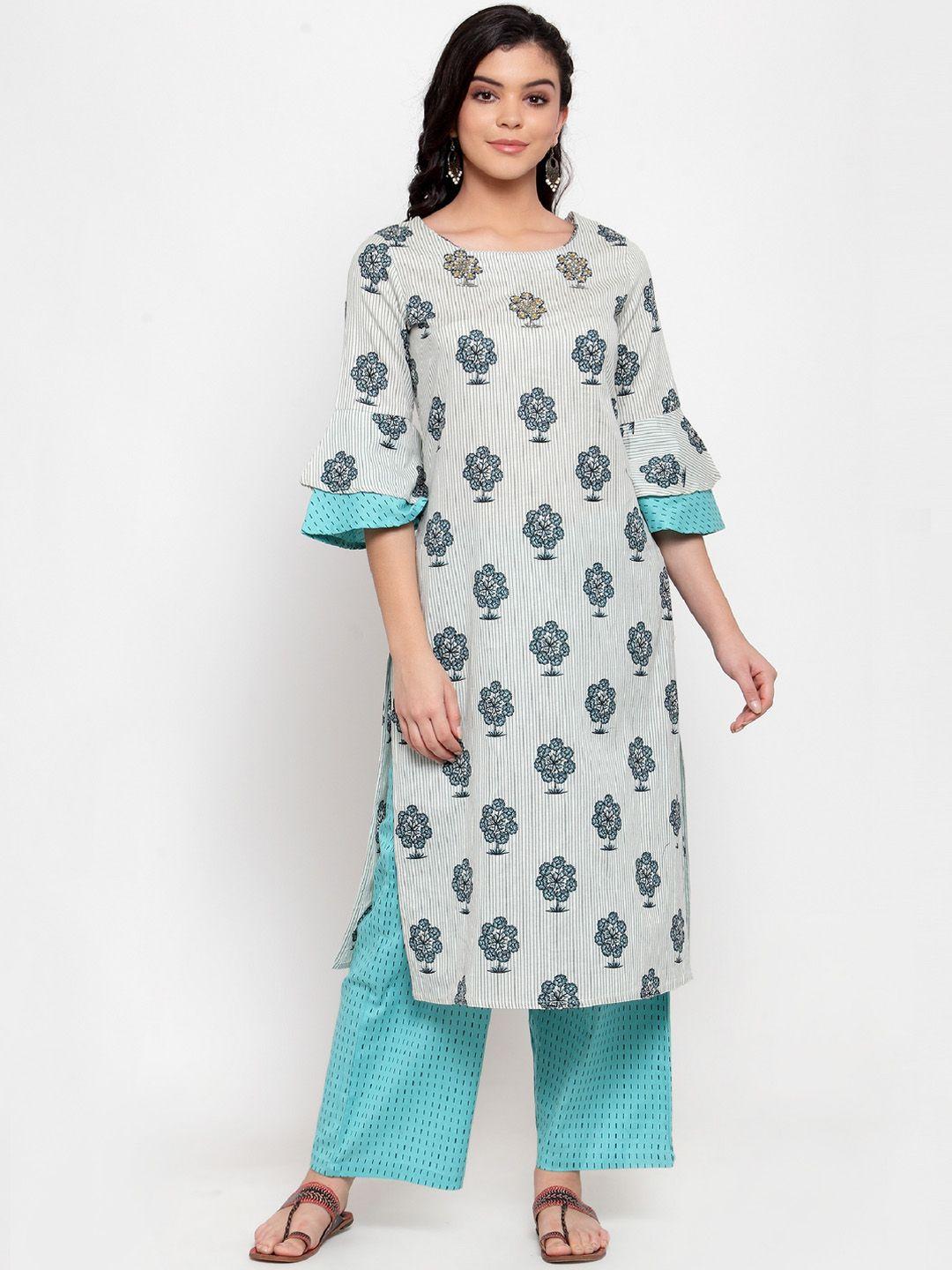 anaisa women white & blue printed kurta with trousers