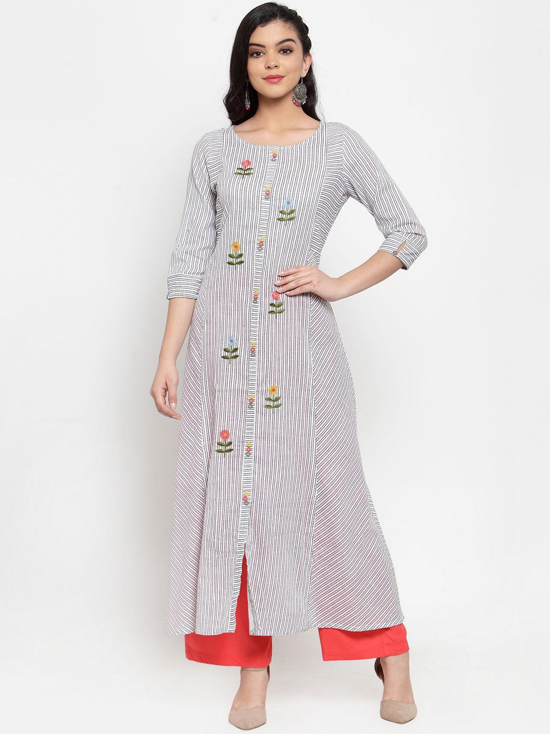 anaisa women white & red striped floral embroidered a-line kurta