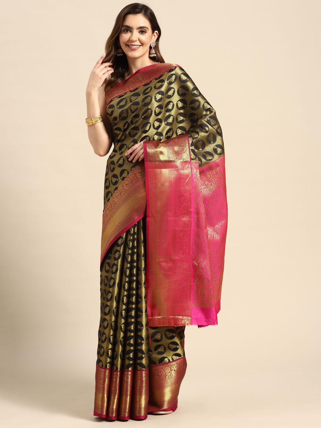 anaita black & pink ethnic motifs zari pure silk banarasi saree