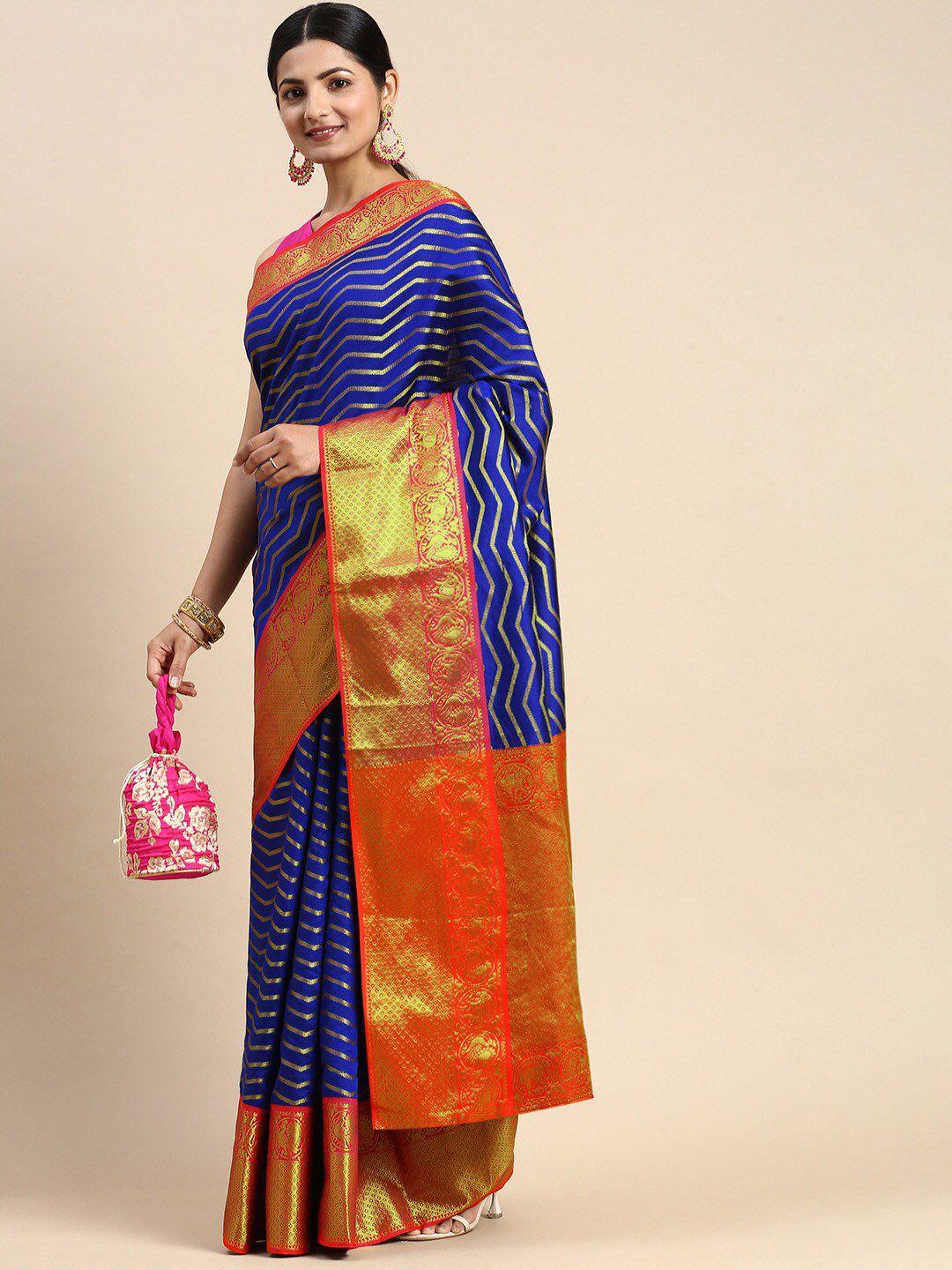 anaita blue & orange woven design zari pure silk banarasi saree