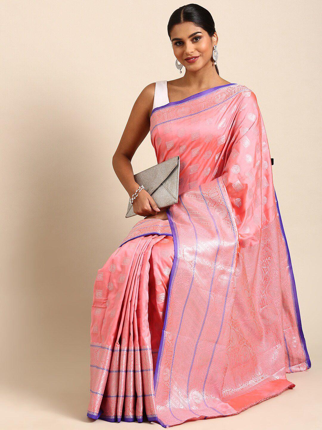 anaita peach-coloured & silver-toned woven design zari pure silk banarasi saree