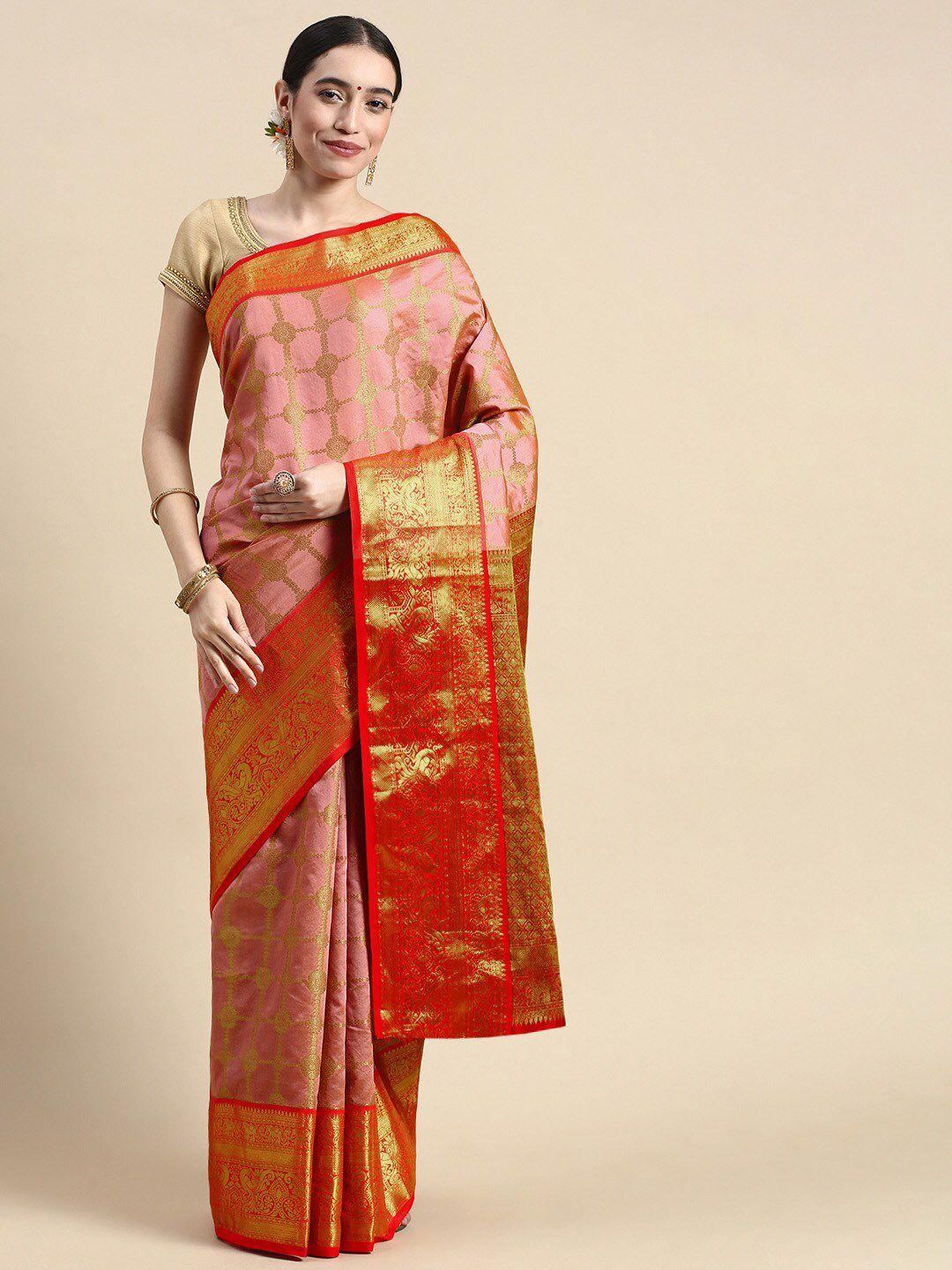 anaita rose gold & red woven design zari pure silk banarasi saree