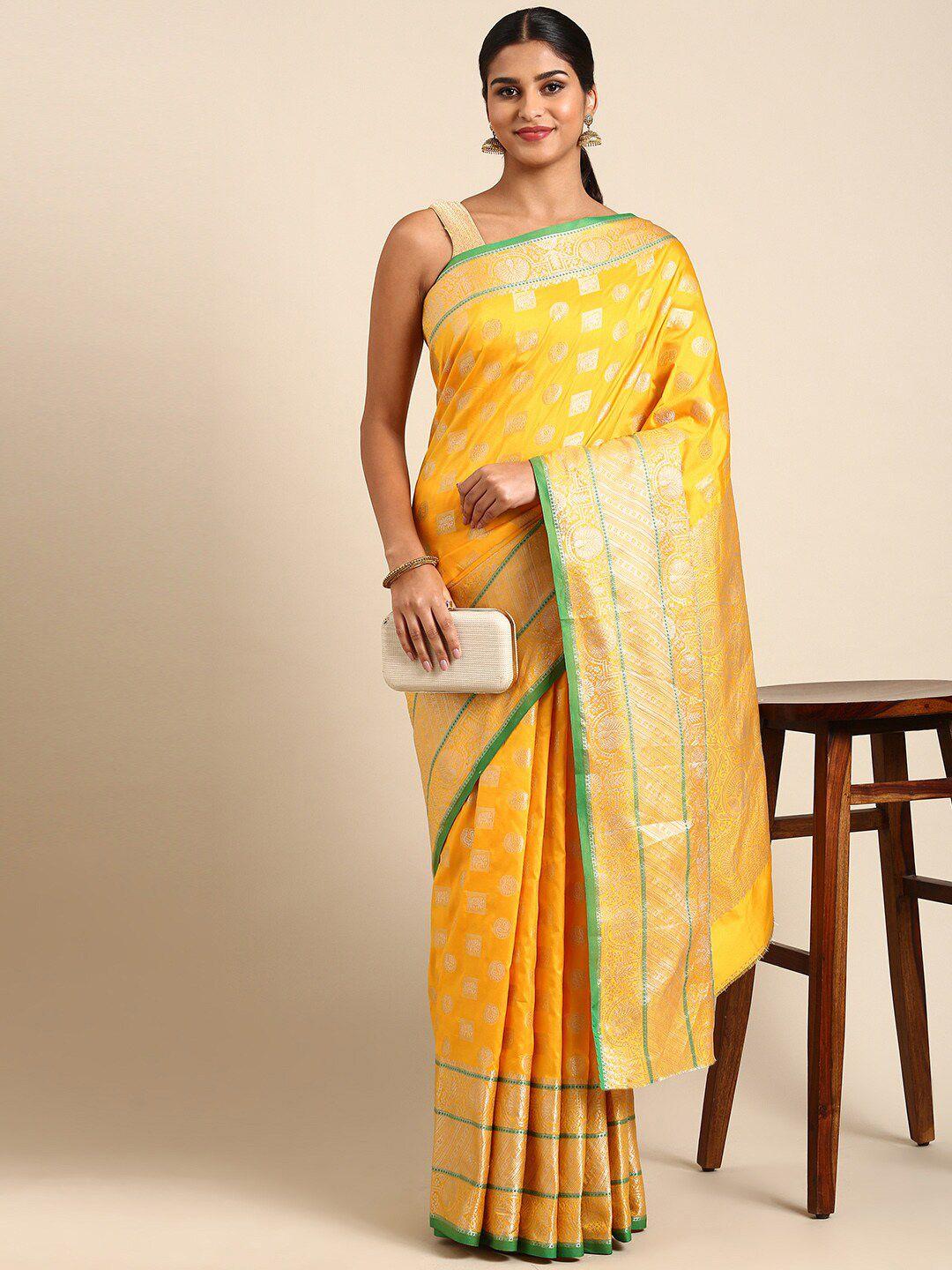 anaita yellow & silver-toned woven design zari pure silk banarasi saree