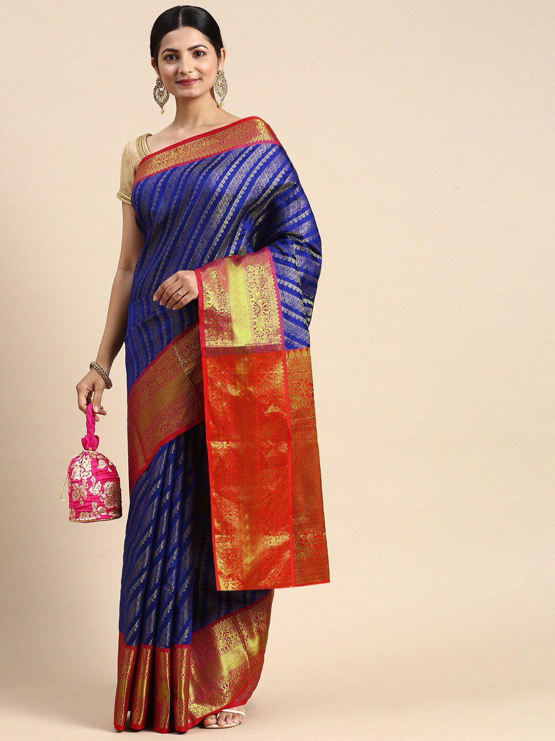 anaita blue & red woven design zari pure silk kanjeevaram saree
