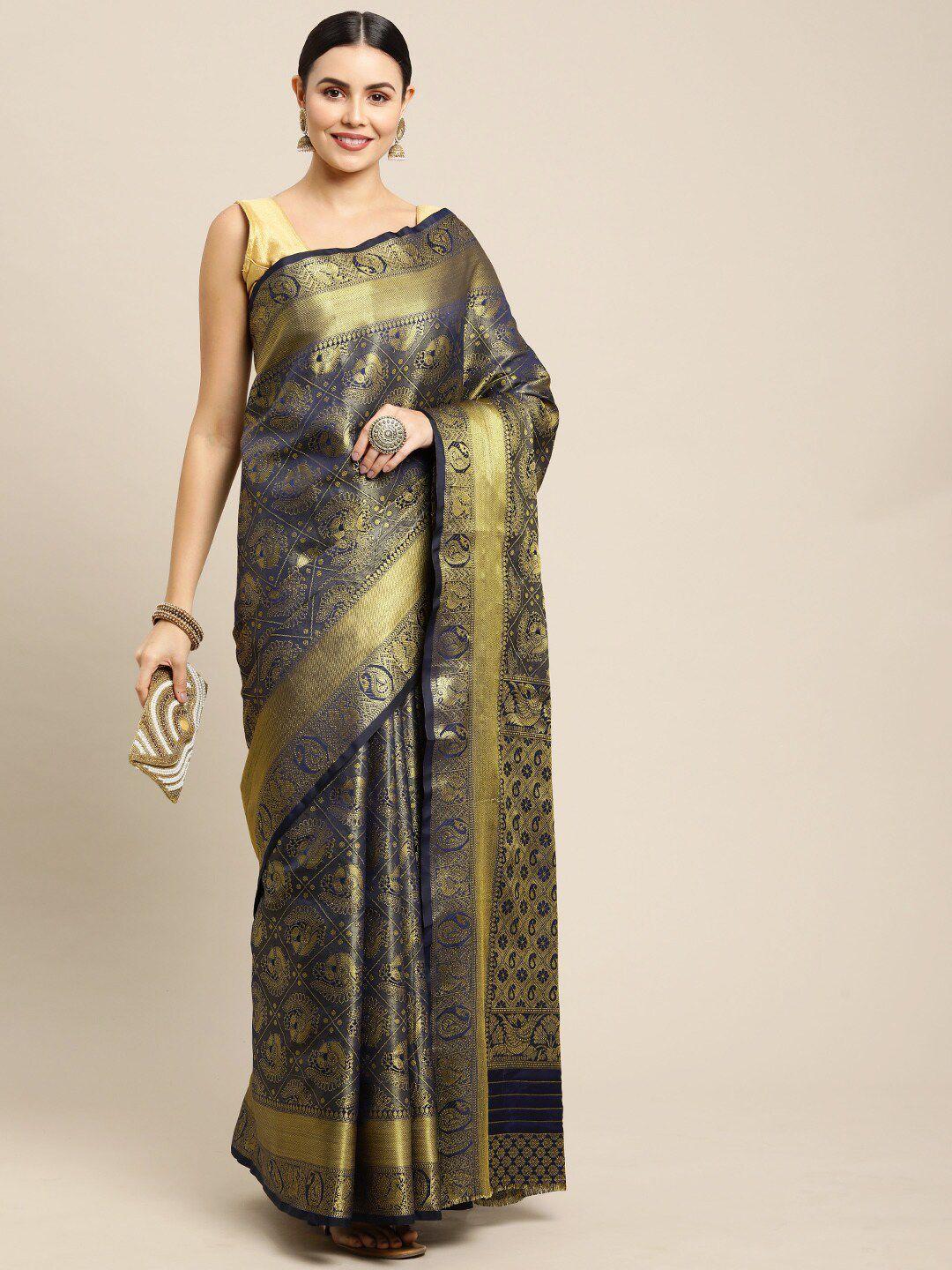 anaita navy blue & gold-toned woven design zari pure silk banarasi saree