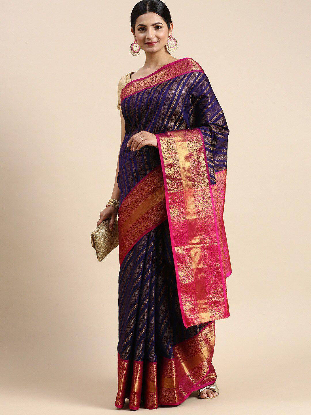 anaita navy blue & pink woven design zari pure silk kanjeevaram saree