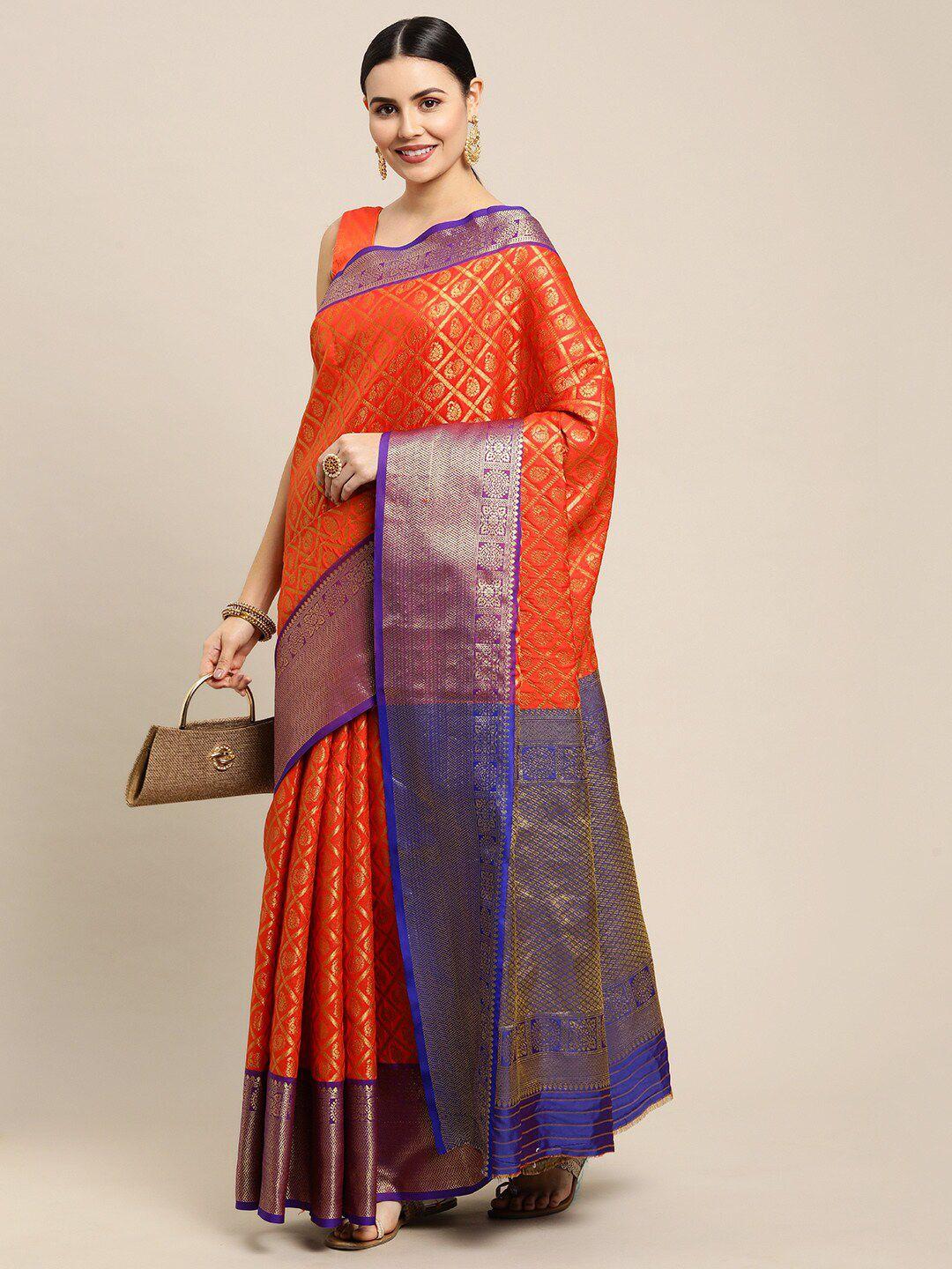 anaita orange & blue woven design zari pure silk banarasi saree