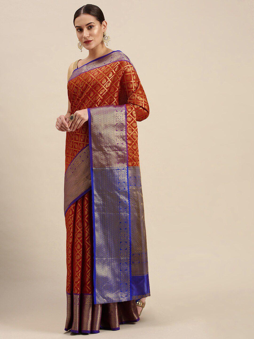 anaita red & blue woven design zari pure silk banarasi saree