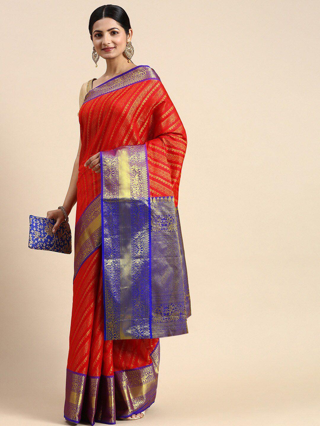 anaita red & blue woven design zari pure silk kanjeevaram saree
