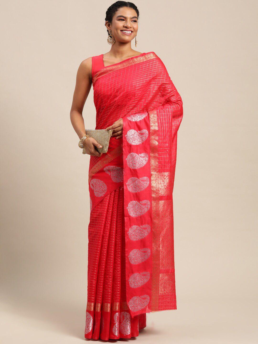 anaita red & gold-toned woven design zari linen blend banarasi saree