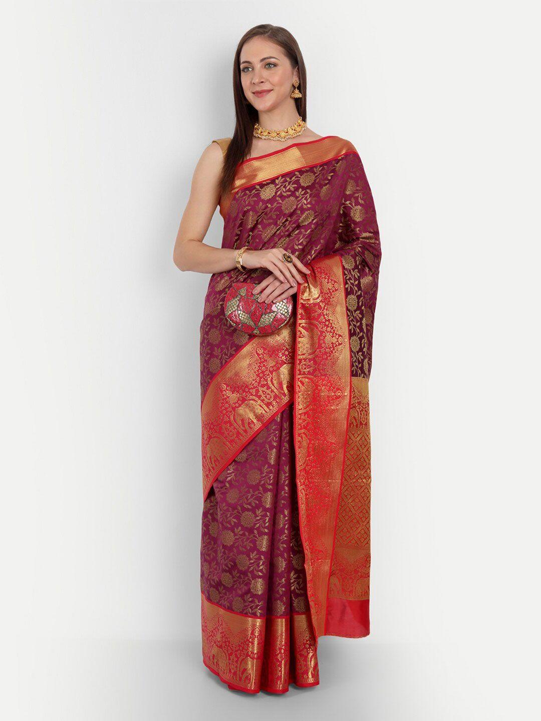 anaita violet & red woven design zari pure silk banarasi saree