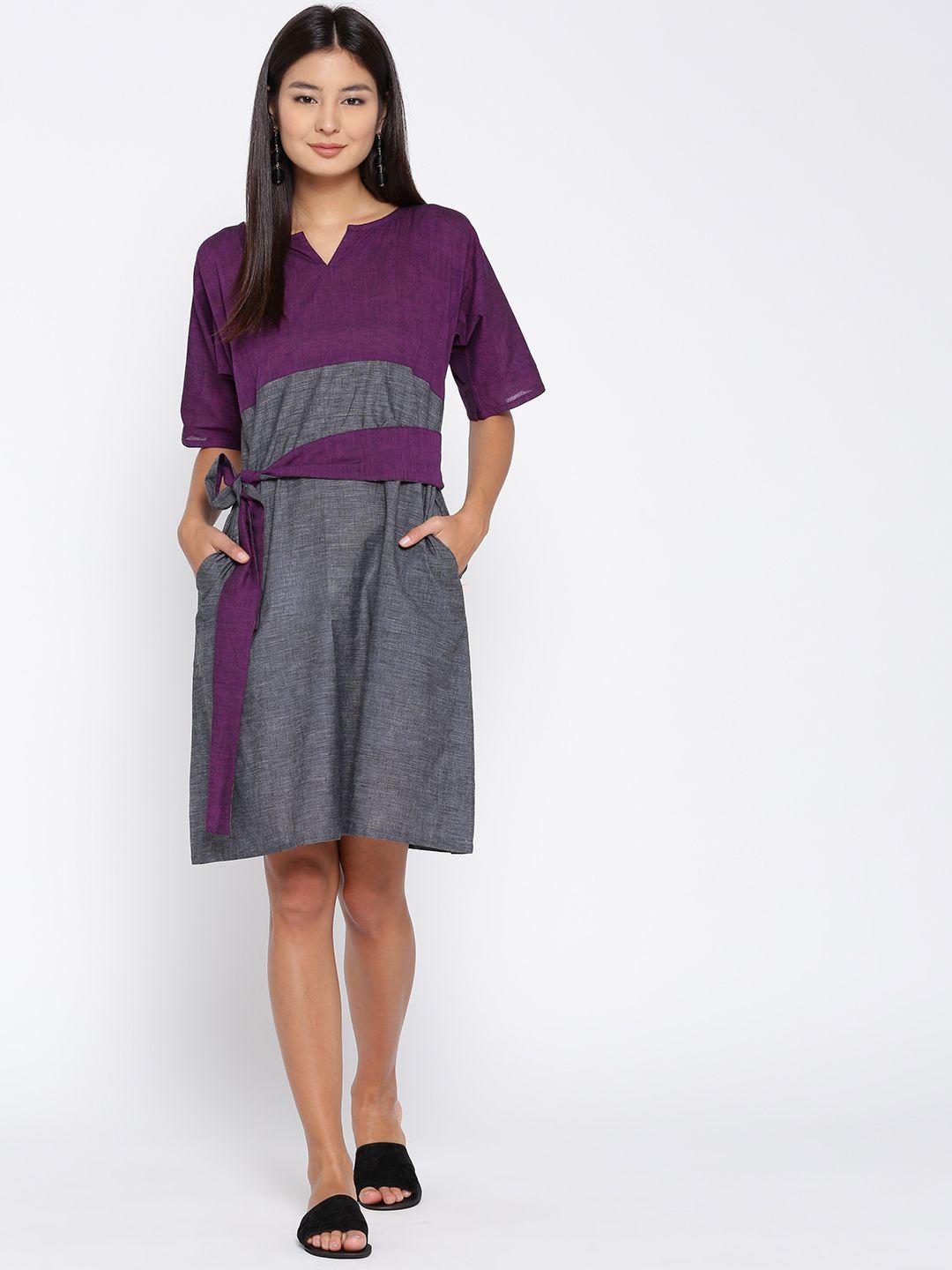 anan women purple & charcoal grey colourblocked a-line dress