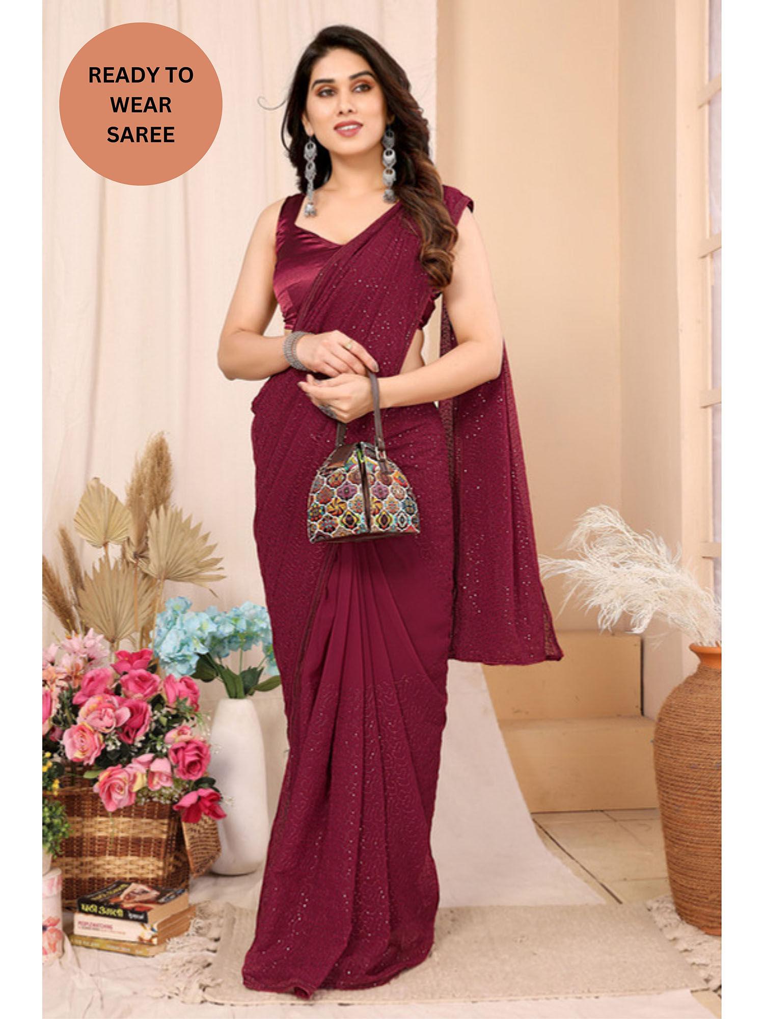 ananta maroon embellished pre-draped saree with unstitched blouse