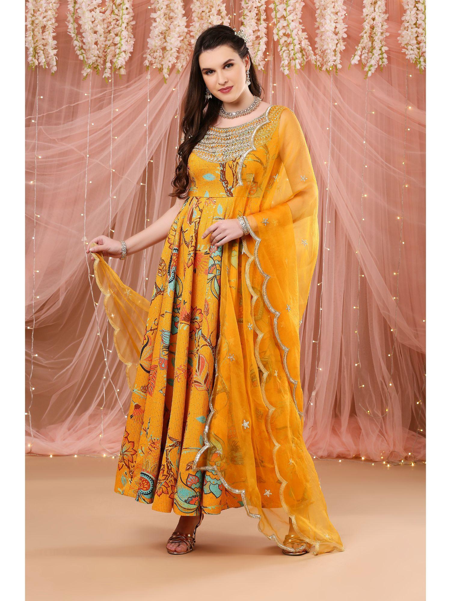 anarkali kurta with dupatta mustard (set of 3)