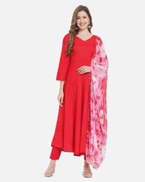 anarkali kurta with pants & printed dupatta