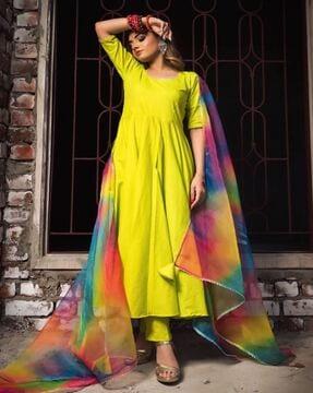 anarkali kurta with pants & tie & dye dupatta