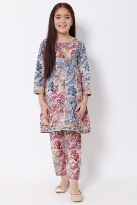 anarkali style cotton fabric kurti and pyjama - blue