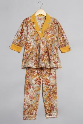 anarkali style cotton fabric kurti and pyjama - mustard