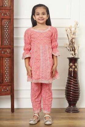 anarkali style cotton fabric kurti with pyjama - pink